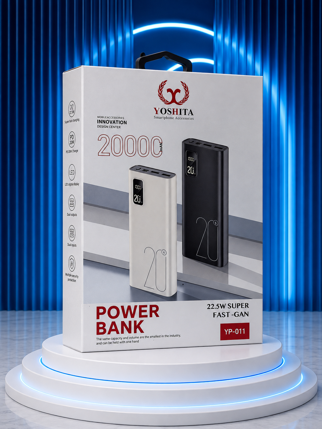 پاوربانک ۲۰۰۰۰ میلی‌آمپر یوشیتا مدل YP-011 با نمایشگر LED دیجیتال، شارژ فوق‌سریع ۲۲.۵ وات و فناوری GAN